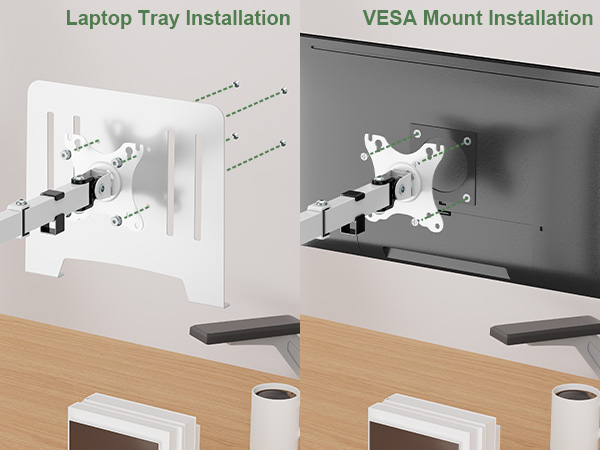 two options for laptop arm mounting with notebook or monitor