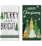 Croar Merry Christmas Tree Green Gold Kitchen Dish Towels Set of 2, Xmas Merry and Bright Snowfla...