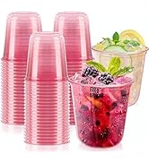 GGOLDMER 50 PCS Pink Plastic Cups - 12oz Disposable Stemless Wine Glasses, Clear Pink Cocktail Pa...