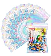 LOKQING 100 Pcs Holographic Bags Smell Proof Bags with Clear Window Mylar Bags for Food Storage R...