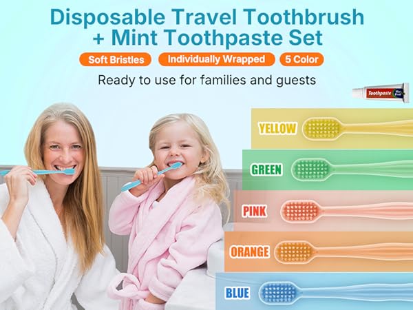 Disposable travel toothbrush set with mint toothpaste; 5 colors for family and guests