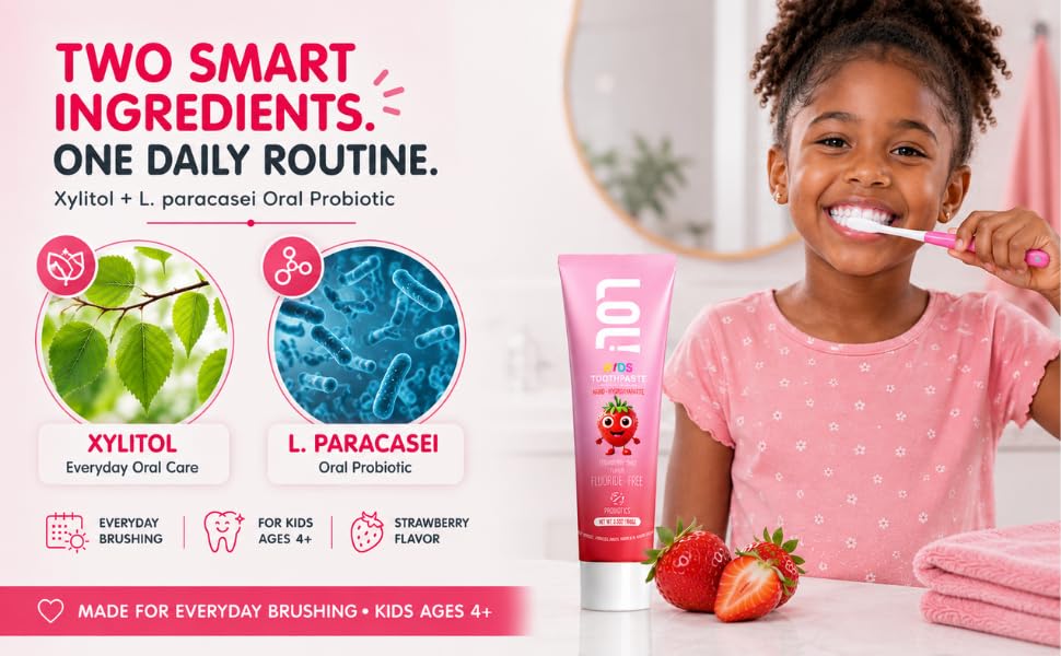 Girl brushing with LOL Kids Strawberry toothpaste, xylitol and oral probiotic.