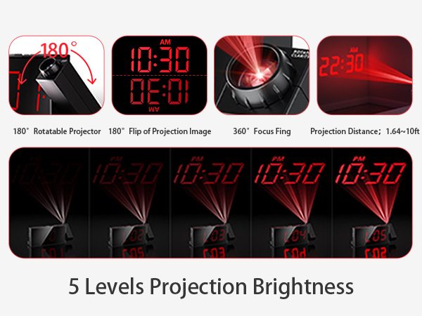 dimmable display projection alarm clock