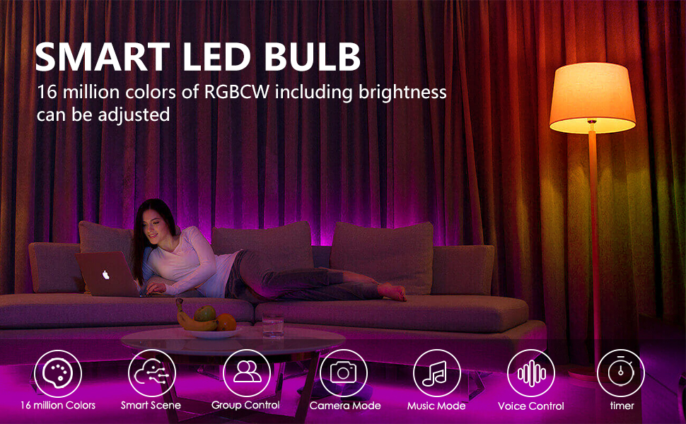 Smart LED Bulb 16 million colors of RGBCW including brightness can be adjusted