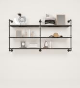 pamo black shelving with black metal boards on beige background