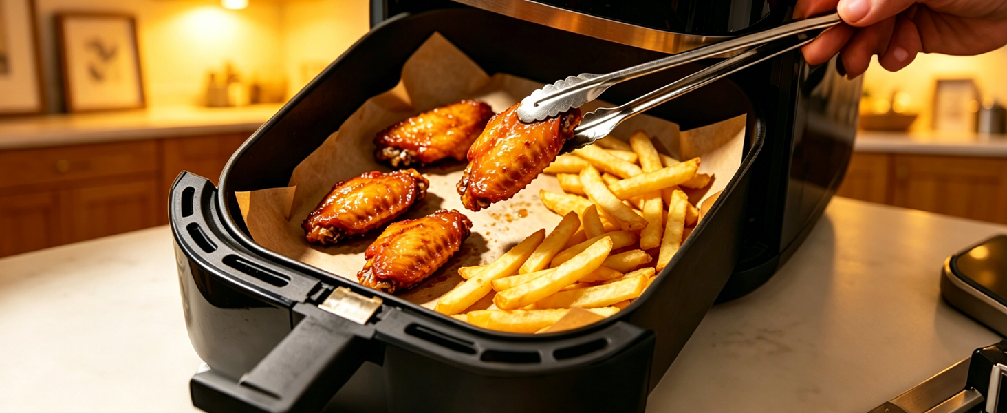 Zufaugc 9x13in air fryer liners rectangular parchment paper sheets for chicken wings.