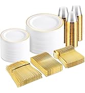 bUCLA 600Pcs Gold Dinnerware Set for 100 Guests - White and Gold Plastic Plates Disposable for pa...
