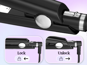 Black hair styling tool with rotating barrel. Close-up of locking mechanism shows 'Lock' and 'Unlock' positions with directional arrows. Device has a circular button and metallic end.