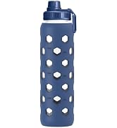 Zukro 32 oz Glass Water Bottles with Silicone Sleeve, Leak Proof | 1 Liter, Volume Marker, Wide M...