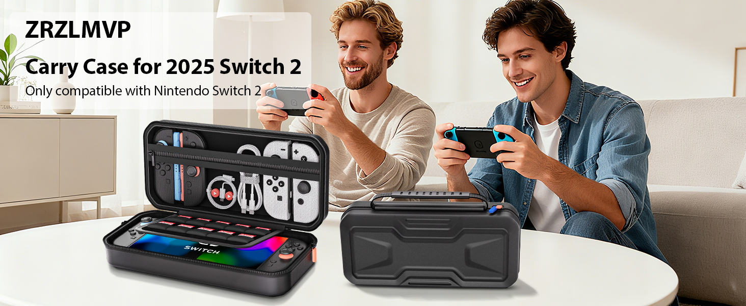 Text reads 'ZRZLMVP' and 'Carry Case for 2025 Switch 2'. Product images showing protective gaming case with people using the device.