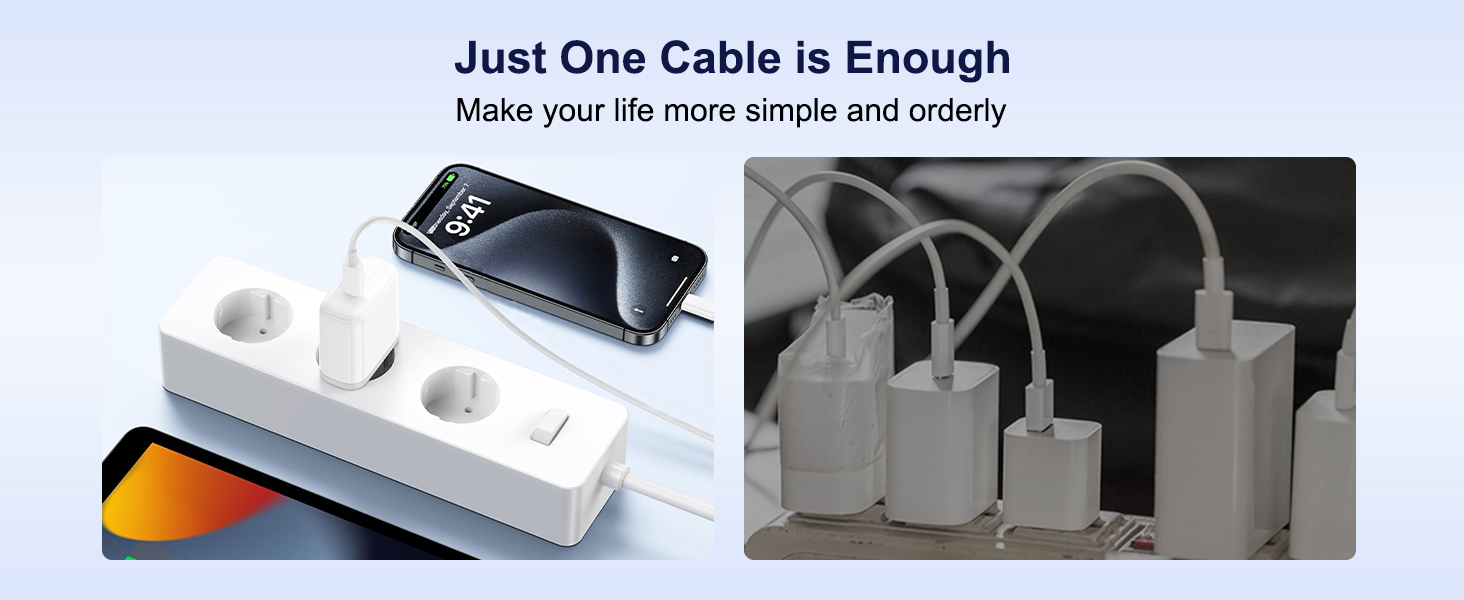 Text reads 'Just One Cable is Enough Make your life more simple and orderly'. Shows white power strip or cable management device in two views.