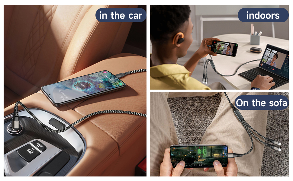 Text reads 'in the car' and 'indoors' showing a montage of various product use scenarios with a handheld electronic device being used in different settings including car and sofa.