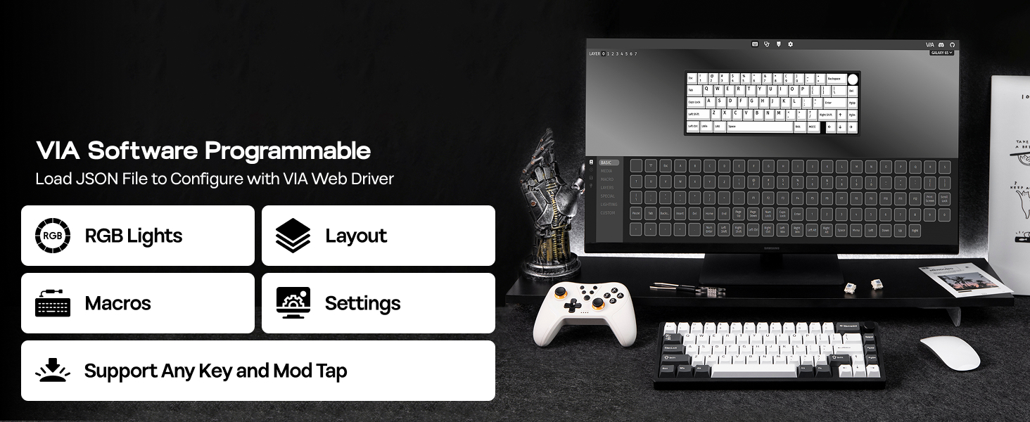 Computer setup with programmable keyboard, monitor, gaming controller, and software interface showing customization options for RGB lights, layout, macros, and settings.