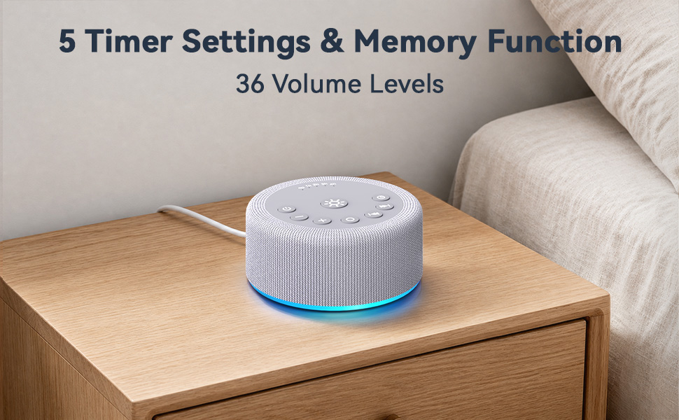 brown noise machine with 5 timer settings, 36 volume levels and memory function