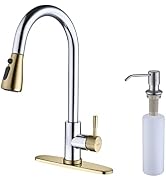Keer Gold & Polished Chrome Single Handle Pull Down Kitchen Faucet with Soap Dispenser, 3 Modes S...