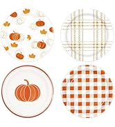Xjoviative 48 PCS Fall Paper Plates 7 inch, Thanksgiving Pumpkin Orange Gingham Party Plates Disp...