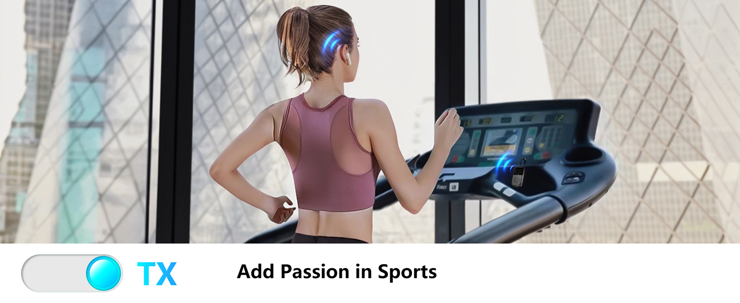 Person in athletic wear using exercise equipment in a fitness setting. Digital interface visible with 'TX' and 'Add Passion in Sports' text.