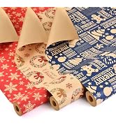 AhfuLife 3 Rolls Christmas Wrapping Paper - 17 Inch × 32.8 Feet Per Roll, Recyclable Kraft Xmas W...