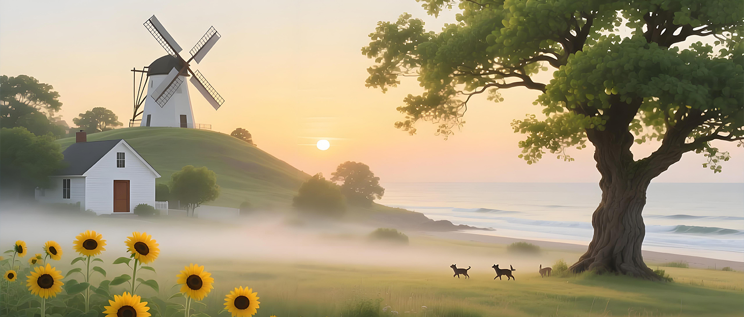 Scenic nature composite showing windmill, sunflowers, and misty countryside during golden sunset hours. Multiple atmospheric landscape views merged together.
