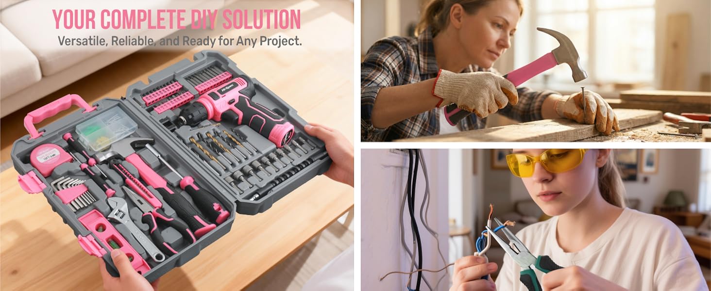 Pink Tool Set with 8V Drill Set. Complete Cordless & Rechargeable USB Electric Drill Driver Kit