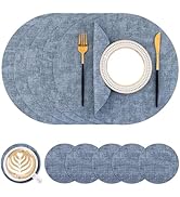 Homaxy Round Faux Leather Placemats and Coasters, Washable Dual-Side Table Mats, Wipeable Heat-Re...