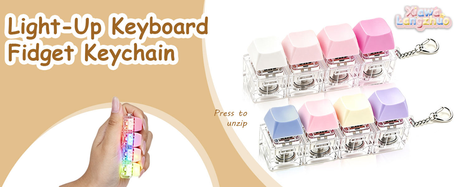 Pastel light-up keyboard fidget keychains with removable keycaps and metal clips.