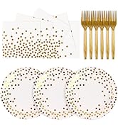 75PCS Paper Plates and Napkins Set - White and Gold Dot Disposable Party Dinnerware Includes Pape...