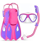 Snorkeling Gear for Kids Ages 5-15, 4 in 1 Mask Fins Snorkel Set with HD Tempered Glass Panoramic...