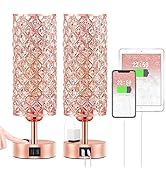 Hong-in Rose Gold Lamp Set of 2, 3-Way Crystal Table Lamp Touch Control with USB-C+A & AC Ports, ...