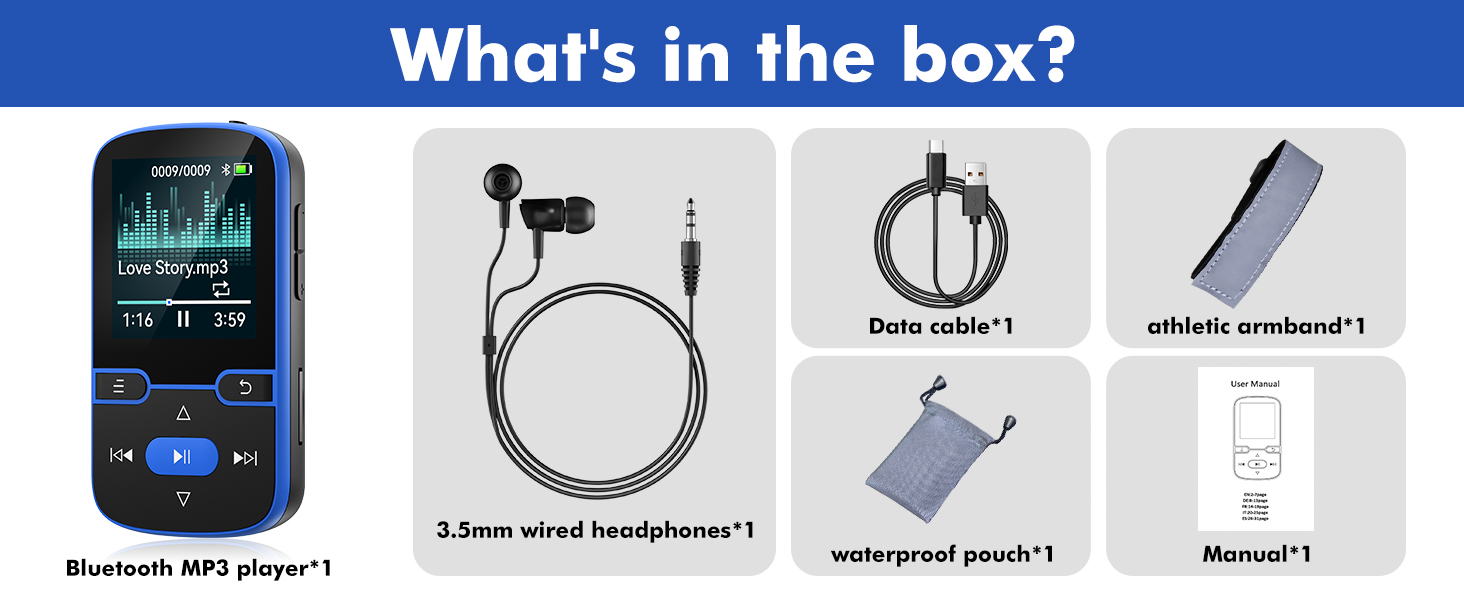 64GB Clip MP3 Player with Bluetooth 5.3,for Sports Running, FM Radio, Pedometer