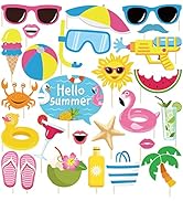 25Pcs Pool Photo Booth Props with Stick, Beach Summer Pool Party Decorations, Hawaiian Party Deco...