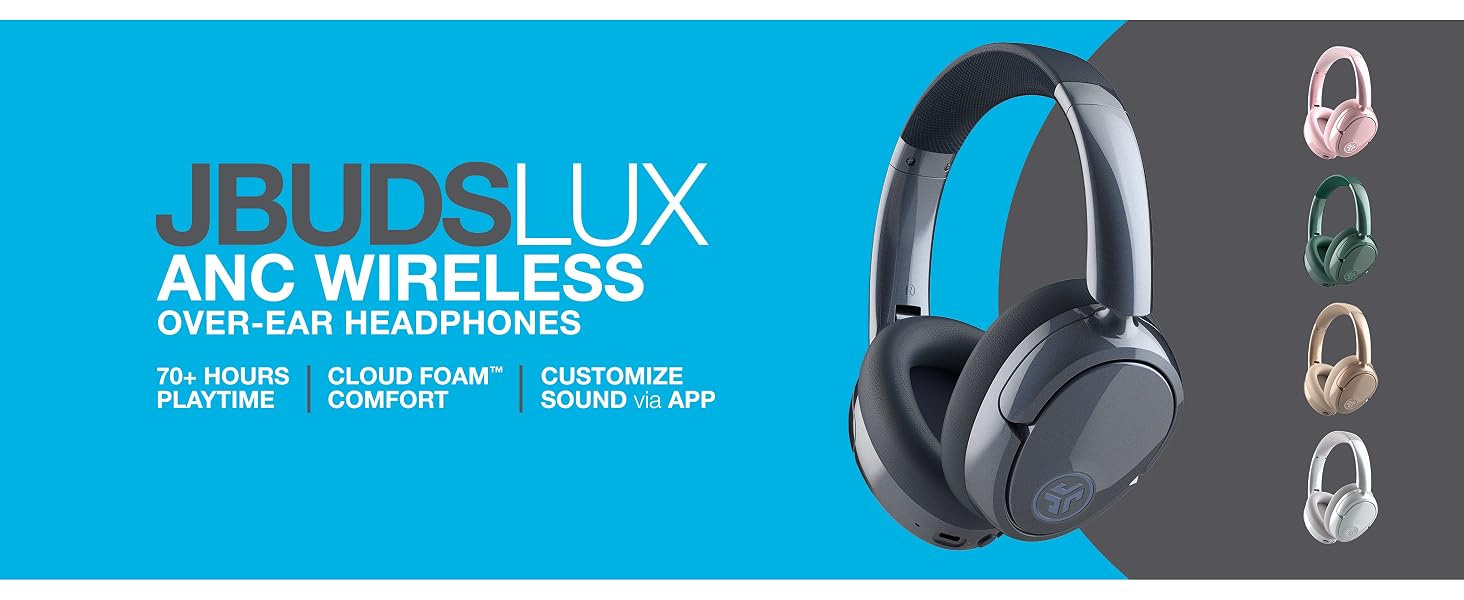 JBuds lux anc jelle rendering with the product title and more rendering colors shown