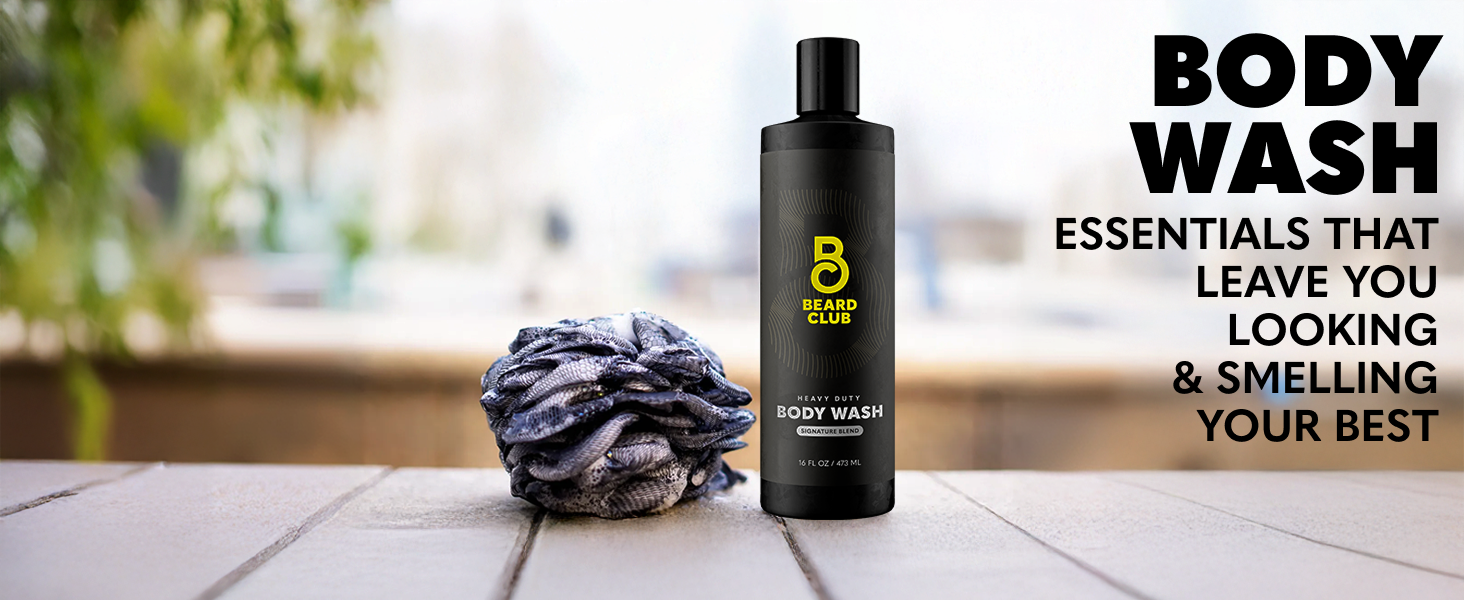 mens body wash 16oz heavy duty shower gel sitting next to sudsy loofah