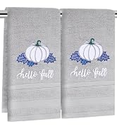 JarThenaAMCS 2Pcs Fall Hand Towels White Blue Pumpkin Embroidered Cotton Bathroom Towel Decorativ...