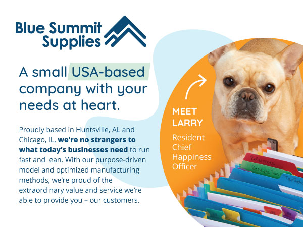 Description of USA-based company with image of french bulldog Larry