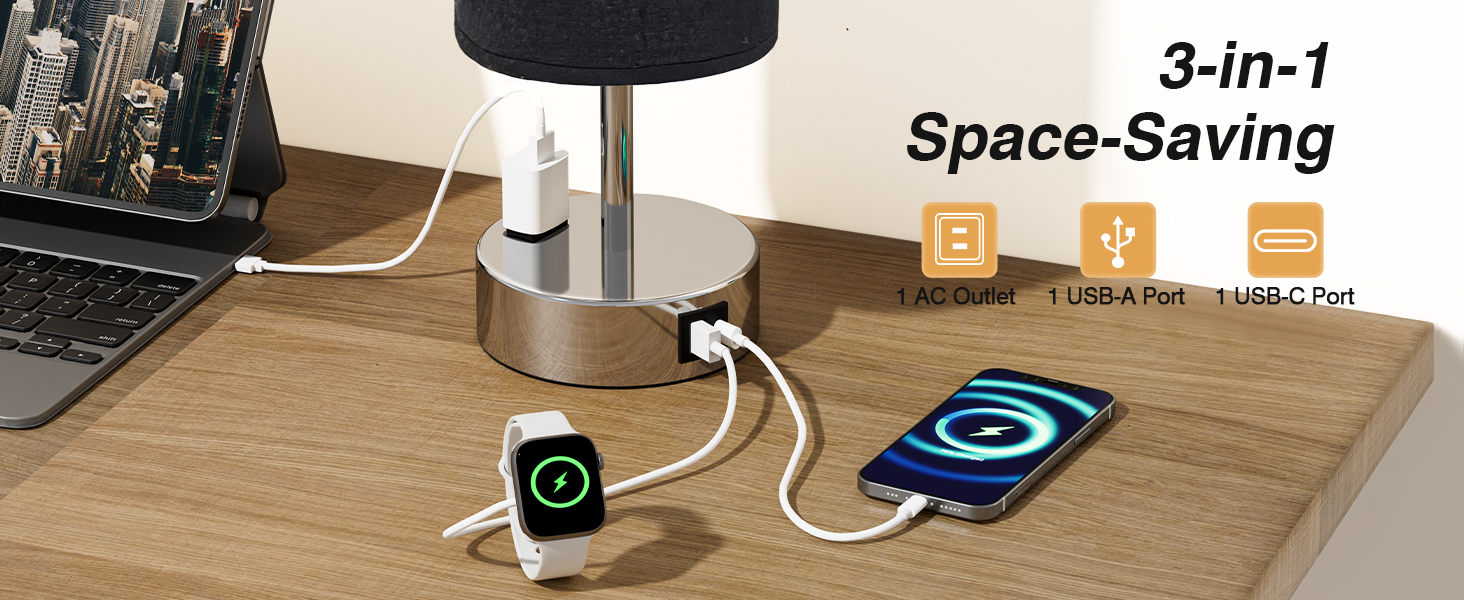 Bedside Lamp Touch Control Table Lamp with USB A+C Charging Ports 3-Way Dimmable Nightstand Lamp