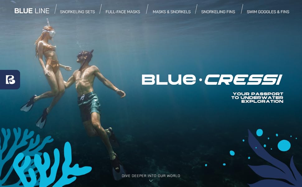 Female and male divers equipped with Blue's Snorkeling Collection gear, swimming underwater