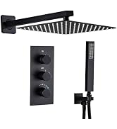 SaniteModar Thermostatic shower systems 10 inch, matte black Square Rainfall Shower Head with Han...