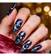 Silver Moon Star Press On Nails Press On Nails Almond Acrylic Fake Nails Dark Blue Glitter Nail T...