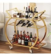 LVB Gold Bar Cart with Glass, Bar Cart with Wheels, Wine Cart with 2 Tier Storage Glass Shelves H...