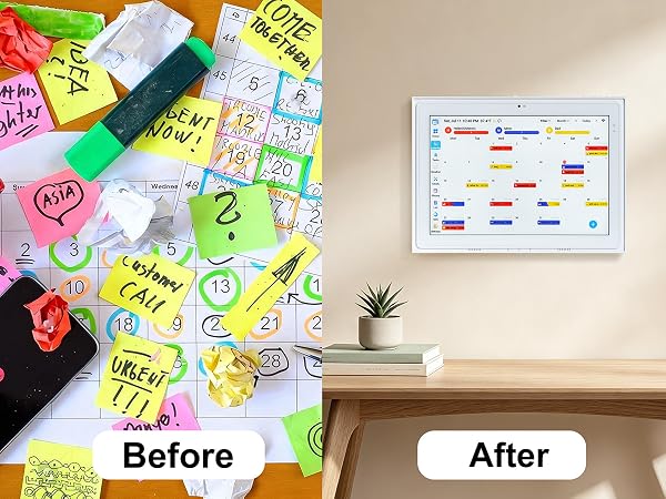 Side-by-side comparison: messy paper planner vs clean digital wall calendar