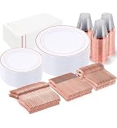 GATHER 350PCS Rose Gold Plastic Plates - Disposable Rose Gold Dinnerware Sets Includes 100 Gold R...