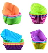 Silicone Baking Cups Cupcake Liners - 24Pcs Reusable Silicone Molds Including Round, Rectanguar, ...