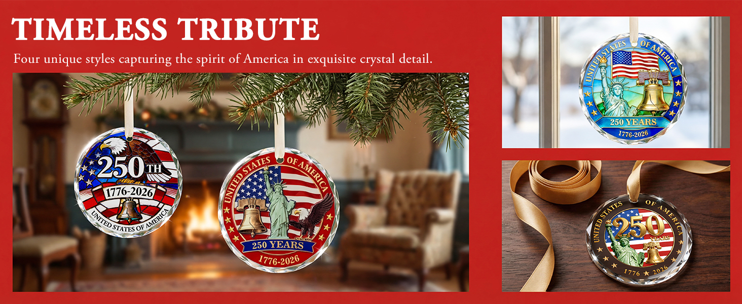 USA 250th anniversary ornament 1776-2026. Crystal glass America 250 decorations.