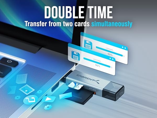 Text reads 'DOUBLE TIME Transfer from two cards simultaneously'. Digital interface concept showing data transfer between devices with blue lighting effects.