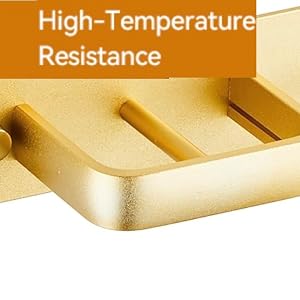 Gold-colored bathroom fixture labeled 'High-Temperature Resistance' showing a mounted shelf or holder design.