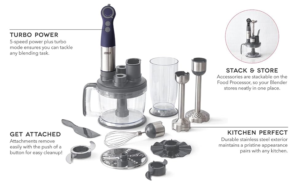 Deluxe Hand Blender, Whisk, Puree, Blend, Food Processor, Masher, Dough Hooks, Turbo Blend