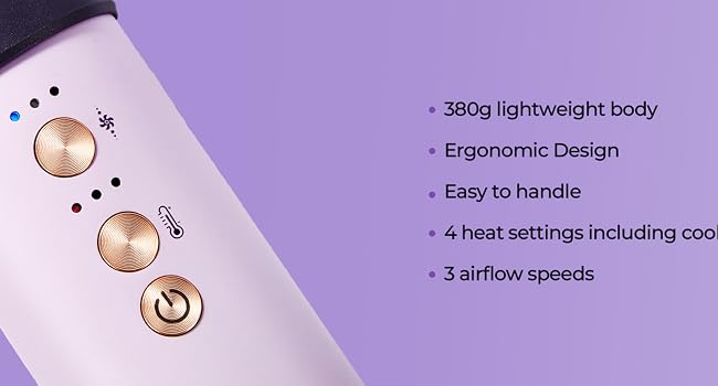 380g lightweight body - Easy to handle - 4 heat settings including cool shot - 3 airflow speeds