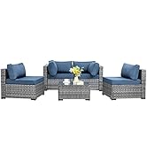 Shintenchi 5 Pieces Outdoor Patio Sectional Sofa Couch, Silver Gray PE Wicker Furniture Conversat...