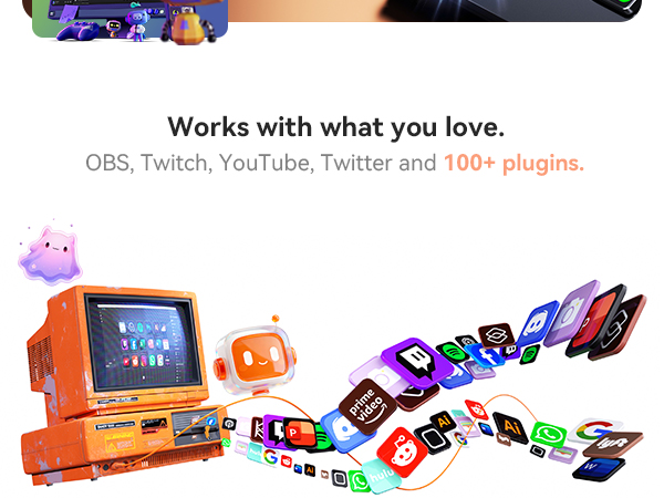 Text reads 'Works with what you love. OBS, Twitch, YouTube, Twitter and 100+ plugins.' Orange retro-style desktop computer with cascading colorful plugin cards displayed.